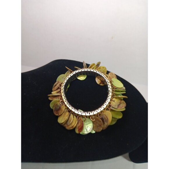 Vtg Abalone Shell Bracelet Round Green Brown Discs Summer Beach Jewelry Stretch - Picture 3 of 4